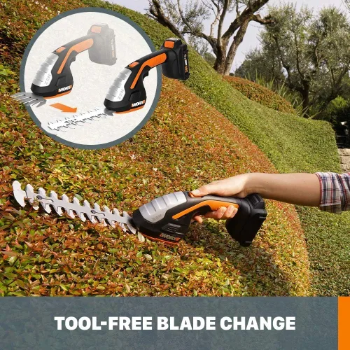 Miniatura 3 de WORX WG801 Cortasetos Inalámbrico 2 en 1 de 20V, Cizalla de Césped de 4" y Recortadora de Arbustos de 8" con 2 Cuchillas, Batería y Cargador