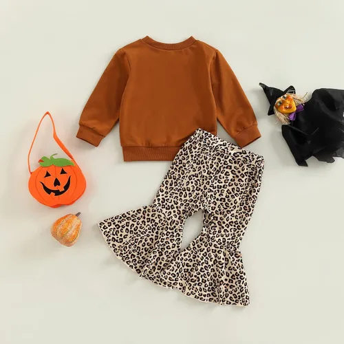 Miniatura 7 de AEEMCEM Conjunto de ropa de Halloween para bebé niña, sudadera con estampado de letras de Hello Pumpkin y pantalones acampanados de leopardo