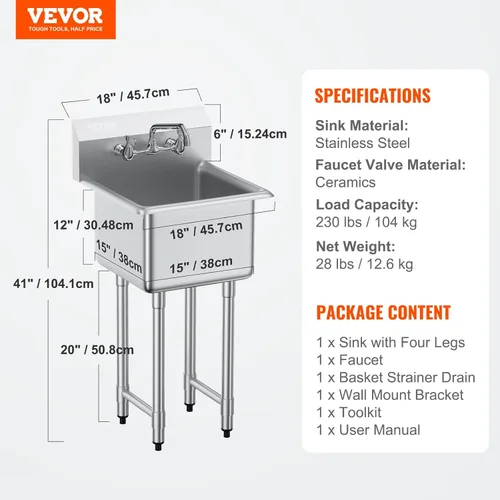 Miniatura 7 de VEVOR Fregadero de acero inoxidable para preparación y utilidad, fregadero pequeño de pie con 1 compartimento, incluye grifo y patas, fregaderos