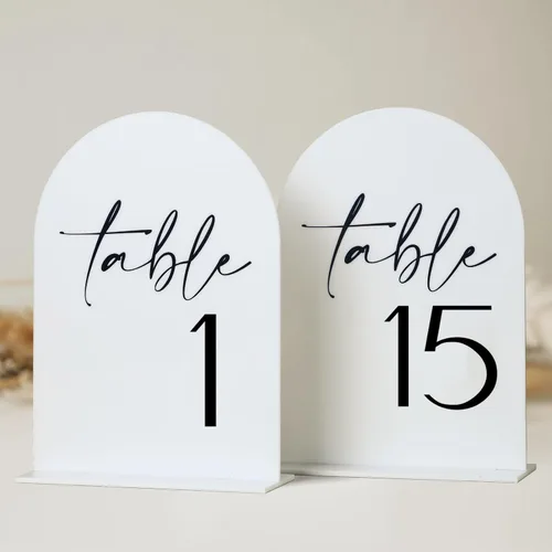Miniatura 10 de Números de mesa de acrílico de arco negro con soportes 1-15, letrero acrílico arqueado negro de 5 x 7 pulgadas y base, números de mesa de arco