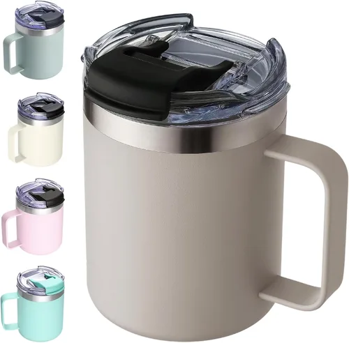 Miniatura 18 de Taza de café aislada de 12 onzas con asa, taza de café de viaje de acero inoxidable con tapa abatible, vaso de café de doble pared con aislamiento
