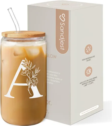SANDJEST Regalos con monograma para mujer, taza de vidrio con inicial, monograma A, taza de café de 16 onzas con tapa y pajita, iniciales de