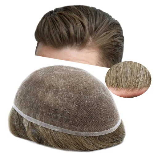 Miniatura 206 de Toupee para hombres nudos blanqueados hombres toupee hairpieces europeo virgen sistema de reemplazo de cabello humano suave encaje francés hombres