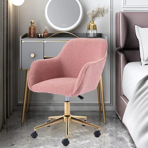 Miniatura 20 de SSLine Silla de escritorio de piel sintética, moderna y bonita silla de oficina, cómoda silla giratoria de tela de peluche mullida con ruedas