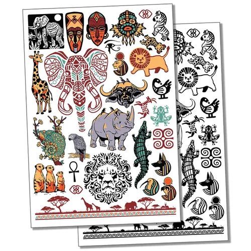Tatuaje temporal de animales africanos, sabana, león, elefante, colección de arte corporal falso resistente al agua, color negro (una hoja)