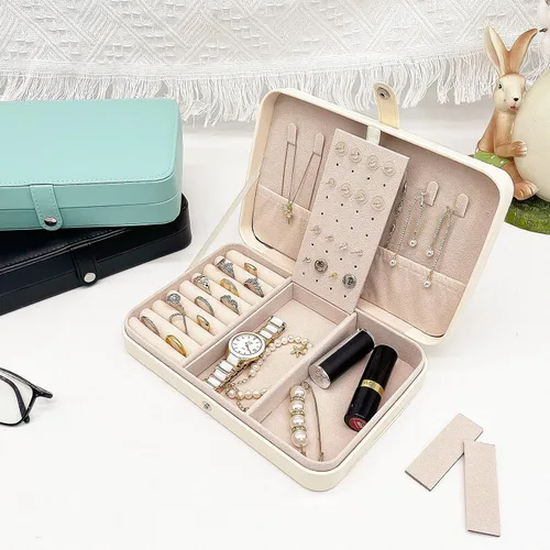 Miniatura 5 de Joyero de viaje, mini organizador portátil con cremallera, de piel sintética sintética, pequeñas cajas de almacenamiento para anillos, aretes