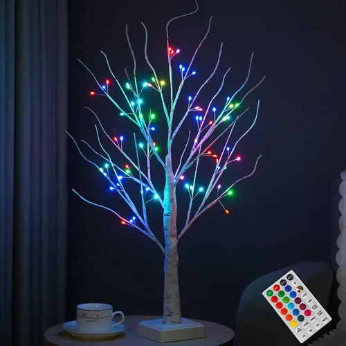 Árbol de abedul preiluminado de 2 pies con 72 luces LED y control remoto - Árbol titilante de hadas con cambio de color RGB para decoraciones de