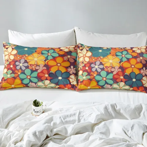 Miniatura 5 de Erosebridal Groovy Flower Sábanas de Cama Fiesta de los 70s Juegos de Sábanas Tamaño Individual Sábanas Florales Arcoíris Juegos de Sábanas y Fundas