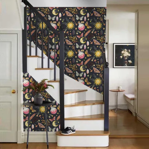 Miniatura 6 de Papel Tapiz Negro Azul Marino Fantástico Sueño Mágico Sol Luna Mariposa Hongos Estrellas de Cristal para Despegar y Pegar Papel de Contacto Adhesivo