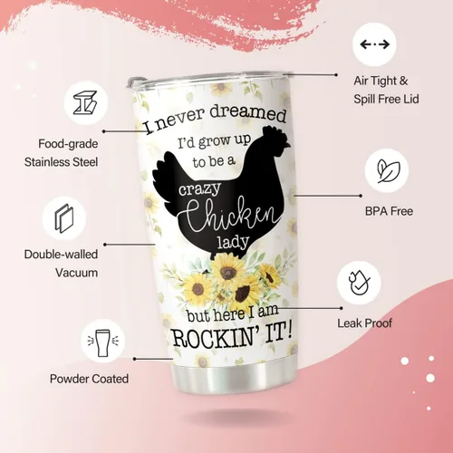Miniatura 4 de Crazy Chicken Lady Gifts – Vaso de acero inoxidable con girasol de pollo de 20 onzas para dueños de pollos – Taza de viaje de pollo para mamá