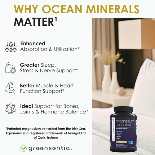 Miniatura 5 de Greensential Complejo de magnesio 500 mg Suministro de 2 meses Glicinato, Malato, Citrato, Óxido y Aquamin® Apoyo para dormir, músculos