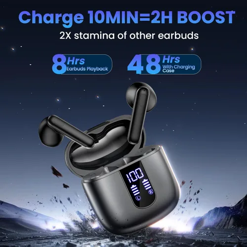 Miniatura 3 de Auriculares inalámbricos, auriculares Bluetooth con estéreo de graves profundos, reproducción de 48 horas con pantalla de alimentación LED, ligeros