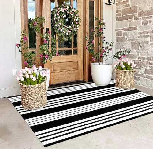 Miniatura 15 de Tapete para exteriores de rayas color negro y blanco, tapete tejido a mano lavable a máquina para interiores, porche, entrada, sala, pasillo, Rayas