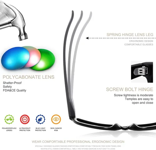 Miniatura 39 de FEIDUSUN Lentes de sol polarizados para hombre y mujer, lentes de sol retro negros para conducir, pescar, protección UV