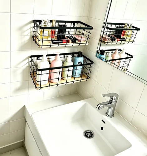 Miniatura 6 de ShabbyDecor Cesta de alambre de metal, base de madera desmontable, organizador de almacenamiento, cesta colgante para armarios de cocina, baño, Negro