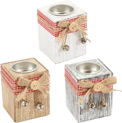 NFNSIG 3PCS Wooden Christmas Candle Holder, Wood Tealight Candle Holder, Cylinder Tealight Candle Holder for Table Centerpiece, Christmas Tealight