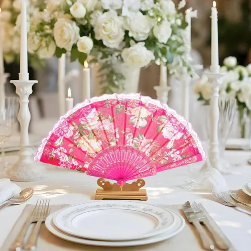 Miniatura 4 de QIRMIZI Paquete de 20 abanicos de mano plegables grandes de seda, elegante ventilador chino para rave, ventilador renacentista de mano para Rosa