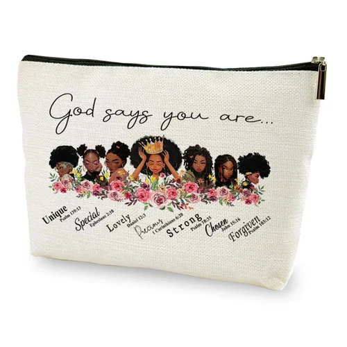 LANBAIHE Bolsa de maquillaje cosmética especial afroamericana con texto en inglés "God Says You are One", regalo inspirador para amigas, hermanas,