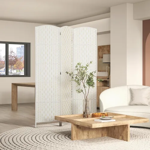 Miniatura 2 de HOMCOM Divisor de habitación, pantalla de privacidad plegable de 3 paneles, 6 pies de alto, divisor de pared de tejido de mimbre portátil para Blanco