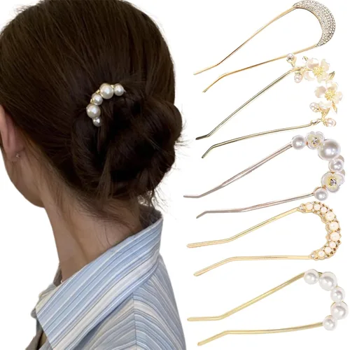 5 horquillas de metal dorado en forma de U, horquillas para el cabello francés, horquillas para el cabello francés vintage con diamantes de