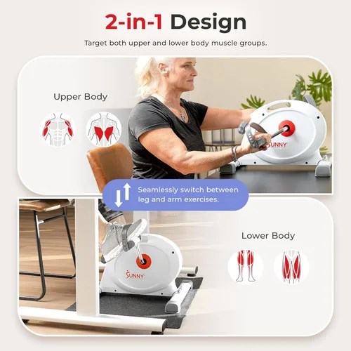 Miniatura 2 de Sunny Health & Fitness Smart Under-Desk Bike Exerciser, Low-Impact Cardio Cycling Equipment for Home/Office, Mini Paddler for Arm/Leg Mobility Blanco