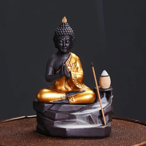 Miniatura 7 de Golden Buddha - Quemador de incienso zen, soporte para incienso árabe, cascada de humo, estufa oriental de aromaterapia decorativa (A)
