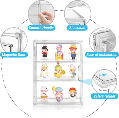 Miniatura 4 de Vitrina acrílica para figuras, organizador de almacenamiento transparente de 3 niveles montado en la pared, caja de exhibición con puerta magnética