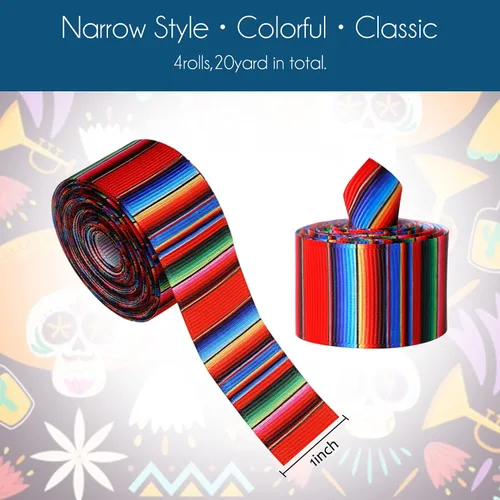 Miniatura 2 de Cinta de Serape mexicano para fiesta, 4 rollos de cinta de rayas de arco iris, cinta mexicana para fiesta, cinta de grogrén colorida para envolver