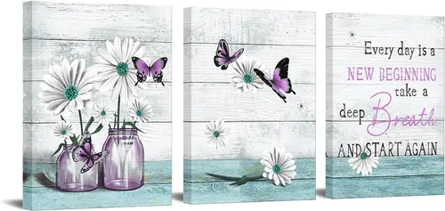 Nachic Wall Arte de pared de flores rústicas, impresiones en lienzo de margaritas y mariposas, pinturas florales vintage de color verde azulado y