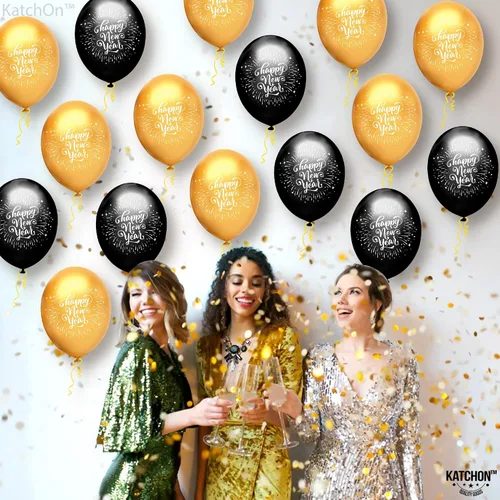 Miniatura 8 de KatchOn, Globos negros y dorados de Año Nuevo 2026 – Paquete de 50 Globos de látex de Feliz Año Nuevo Globo de látex dorado y negro