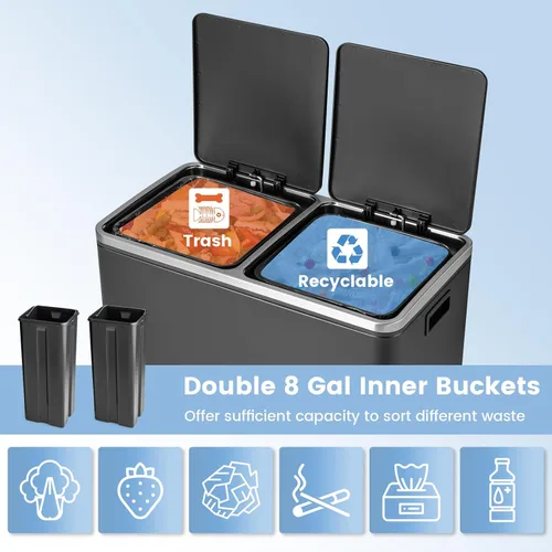 Miniatura 3 de Goplus Basurero doble de 60 litros (2 x 30 L)/16 galones de acero inoxidable, cubo de basura rectangular con cubos interiores y tapas con bisagras