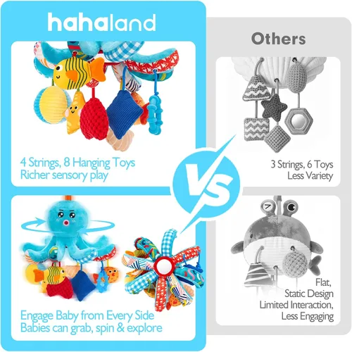 Miniatura 9 de hahaland Juguetes para bebés de 0 a 6 meses – Juguetes para asiento de automóvil, juguete de pulpo con cuerdas de tracción, chirriante, sonajero