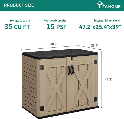 Miniatura 7 de YITAHOME - Cobertizo de almacenamiento horizontal al aire libre con puerta bloqueable en forma de X, cobertizo de herramientas de resina resistente
