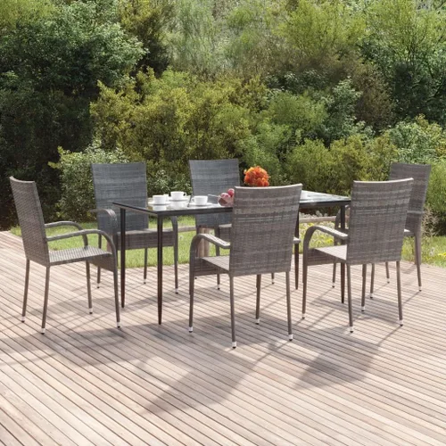 Ensemble de Jardin 7 Pièces Gris et Noir avec Table en Verre, Meubles de Modernes et Résistants aux Intempéries Pour Terrasse, Balcon ou Jardin,