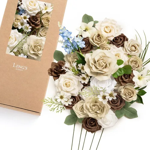 Miniatura 32 de Ling's moment Caja de Flores Falsas, Tallos de Vegetación Artificial Falsa Rosas de Espuma Dalia Hortensia de Seda Peonía Flor de Tela para Centros