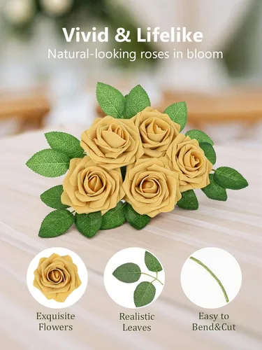 Miniatura 34 de N&T NIETING Flores artificiales, rosas artificiales de color rosa intenso, 50 piezas de flores falsas con tallo para ramos de boda DIY, centros