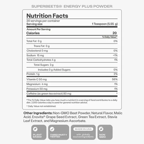 Miniatura 9 de Humann SuperBeets Energy Plus con extracto de semilla de uva, polvo de raíz de remolacha, extracto de té verde, cafeína, vitamina C, sin OMG, 5.87