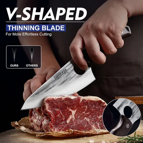 Miniatura 2 de Topfeel Juego de 3 Cuchillos de Carnicero Cuchillo de Chef Forjado a Mano Cuchillo para Deshuesar, Cuchillos de Corte de Carne de Acero con Alto