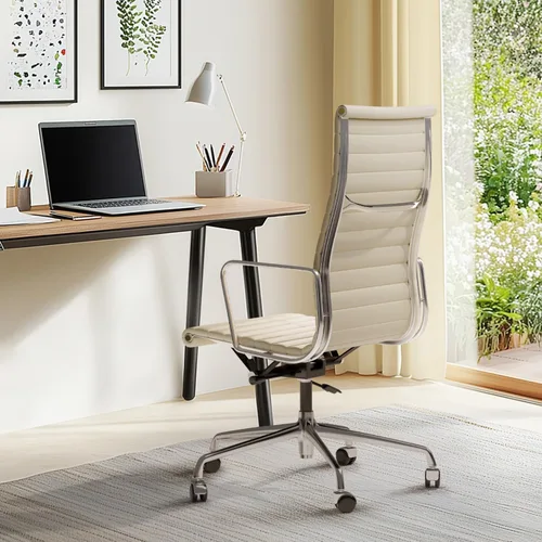 Miniatura 2 de Silla de oficina acanalada con cuero de grano superior, silla de escritorio ergonómica con respaldo alto con brazos y marco de aluminio, ruedas