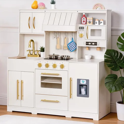 inFUNSAME Cocina de madera para niños con luces, sonido, máquina de hielo y 19 accesorios, juego de cocina todo en uno con fregadero, horno,