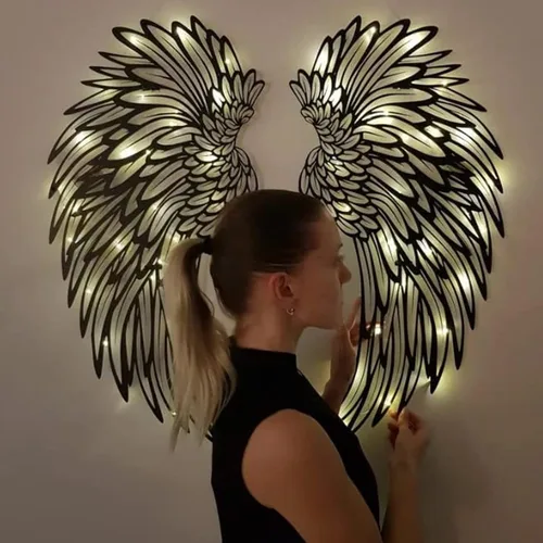 Miniatura 4 de Decoración de pared de alas de ángel de metal grandes, escultura de pared de alas de ángel LED, arte de alas brillantes para colgar en la pared