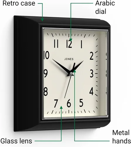 Miniatura 5 de JONES CLOCKS® Reloj de pared mostaza Reloj retro cuadrado 10 pulgadas Negro Números fáciles de leer Perfecto para cocina u oficina