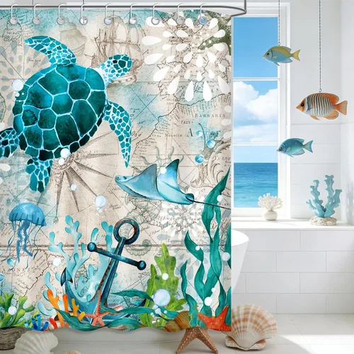 Miniatura 2 de Moutina Cortina de ducha náutica de tortuga marina, decoración de baño con temática oceánica, juego de cortina de ducha costera de playa, 72 x 72