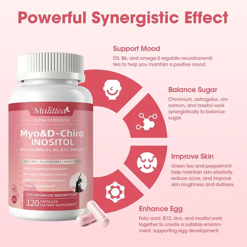 Miniatura 4 de Mulittea Suplemento de Myo-Inositol y D-Chiro para Mujeres - Inositol Liposomal 14-en-1 con Ácido Fólico, Omega-3 y Multivitaminas para Equilibrio