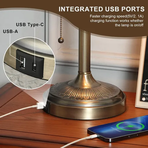 Miniatura 6 de Lámpara de escritorio de banqueros de vidrio verde antiguo y puerto de carga rápida USB Lámpara de escritorio