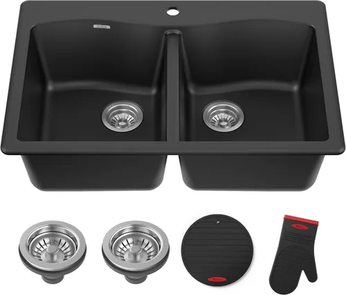 Kraus Forteza - Fregadero de cocina de doble seno 50/50 de granito de instalación empotrada/sobre encimera, 33 pulgadas, color negro (KGD-52BLACK)