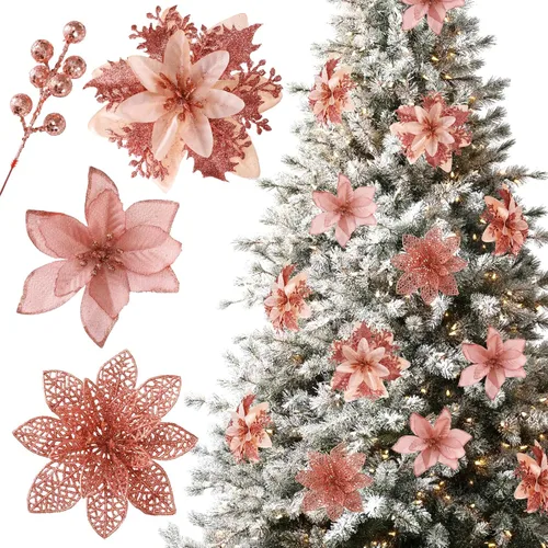 Miniatura 9 de Floweroyal 30 piezas Flores de Pascua Artificiales de Navidad Decoraciones con Clips y Tallos de Bayas Adornos con Purpurina para Árbol de Navidad