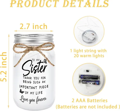 Miniatura 3 de Regalos para hermanas de parte de la hermana, tarro decorativo con brillo cálido, regalos únicos para hermana, regalo de cumpleaños, Navidad, día