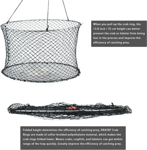 Miniatura 4 de Drasry Trampa de anillo para cangrejos, kit de dos anillos con arnés y clip para cebo, red de pesca de cangrejos para kayak, muelle y plataforma