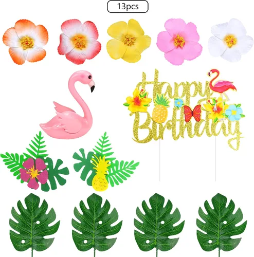 Miniatura 2 de 13 piezas de decoración de pastel de flamenco para tartas de verano con bonitas figuras de flamenco rosa y hojas de palmera de flores de hibisco